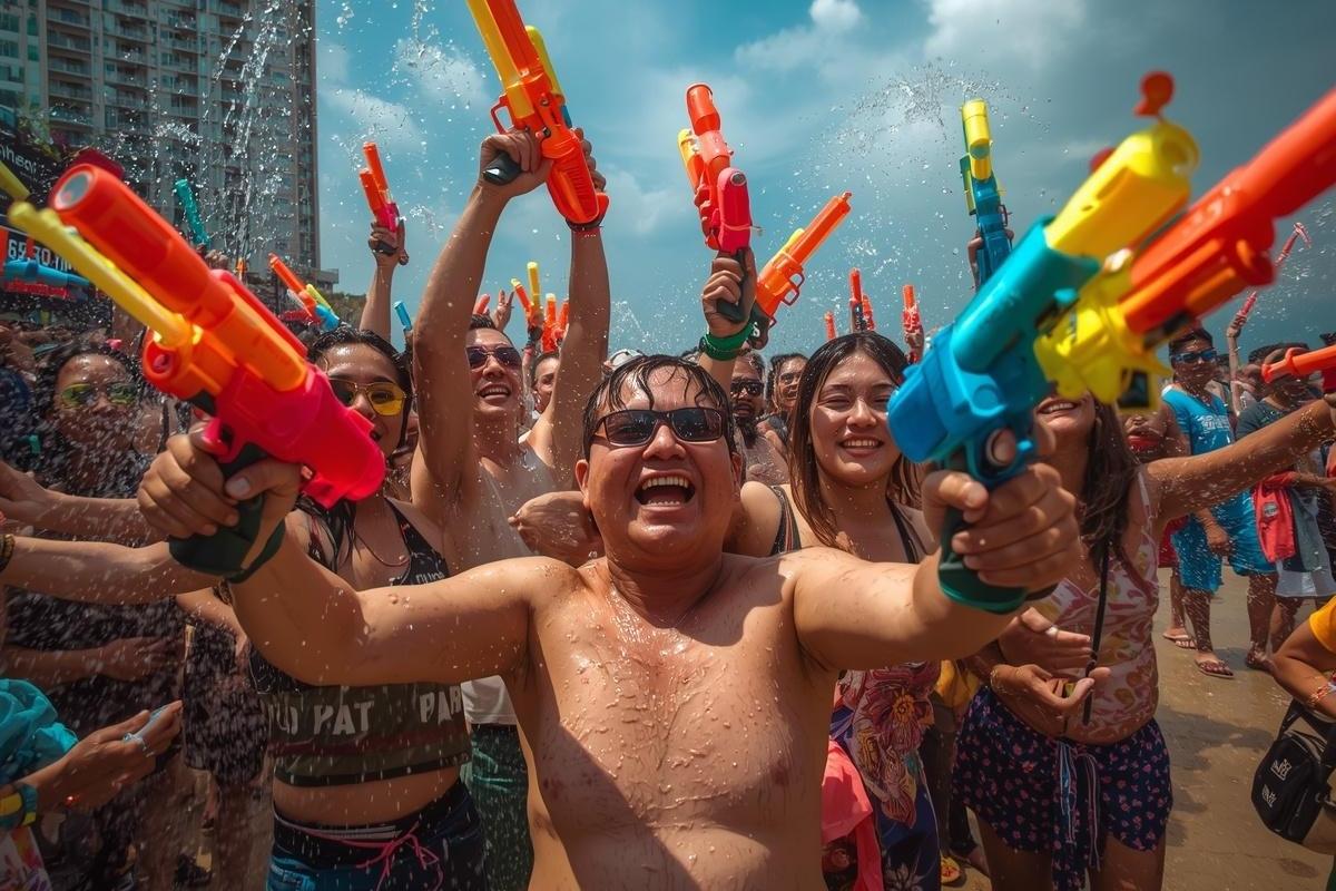 people celebrating songkran phuket festival in patong beach